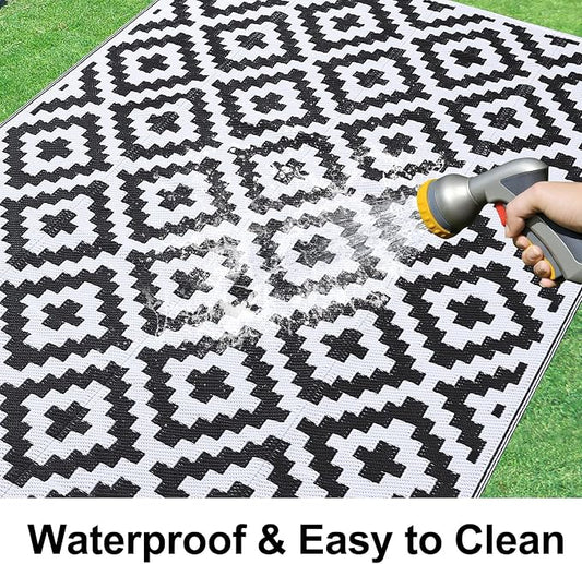 Smiry Outdoor Rug 9x18 ft Waterproof Reversible Boho Mat, Black & White | Polypropylene Plastic Straw, Quick Drying, Lightweight Foldable, for Patio, Deck, RV Camping, Backyard and Indoor Outdoor Use