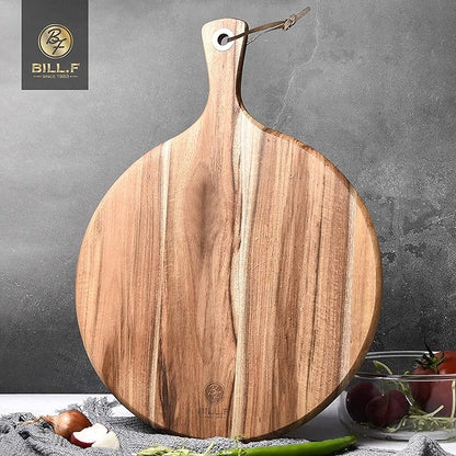 BILL.F Pizza Peel,14" L x 14" W Acacia Wood Cutting Board, with 5" Handle, 19" Overall Length