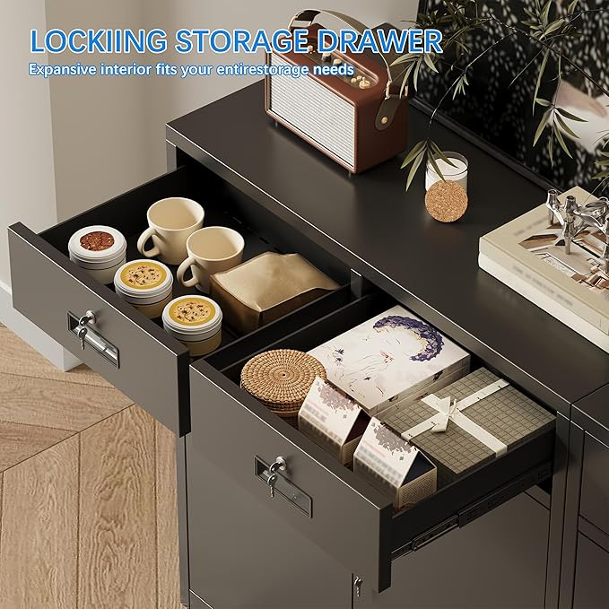 CJF Pantry Cabinet with 2 Drawer, Metal Pantry Storage Cabinets with Doors and 2 Adjustable Shelves, 36" H Locking Cabinet for Kitchen Storage, Home, Garage, Utility Room and Basement, Black