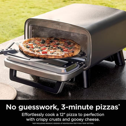 Ninja | Outdoor Pizza Oven with 19.5" Perforated Pizza Peel | Includes 12" Pizza Stone & 12" Bake Pan | 5 Pizza Presets Neapolitan, Thin Crust, New York, Pan & Custom | 700F Max Temp | Electric