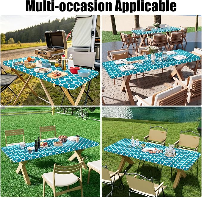 Smiry 2 Pack Rectangle Table Cloth 5 Foot, Waterproof Elastic Fitted Tablecloths, Windproof Washable Polyester Table Cover for Picnic, Camping, Outdoor (Teal, 30"x60")