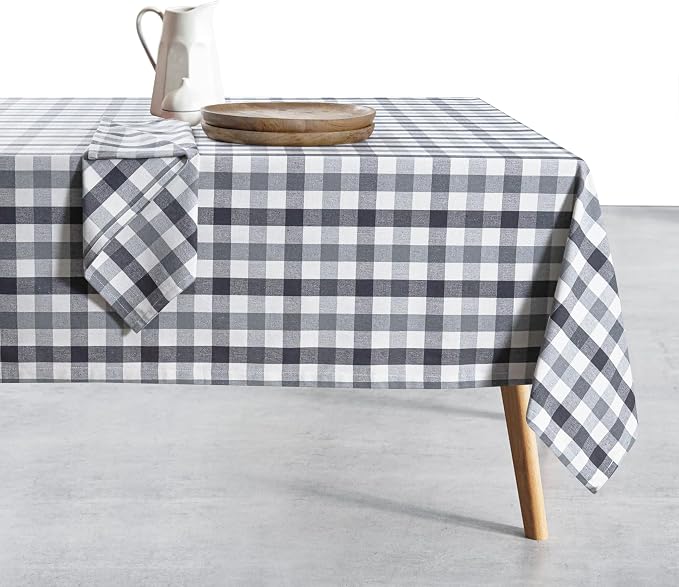 Gingham Check Tablecloth, 100% Cotton, 60x84 Inch, Durable & Washable Table Cover for Dining, Picnic, Farmhouse Kitchen, Indoor Outdoor Use - Dark Grey, Light Grey, Natural