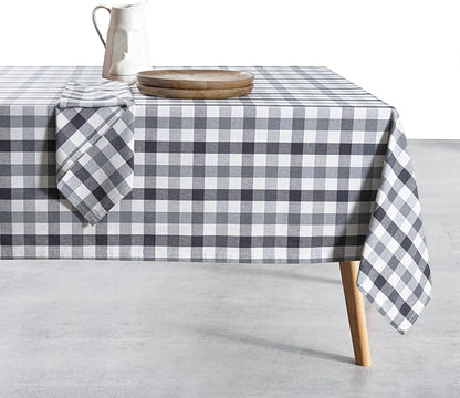 Gingham Check Tablecloth, 100% Cotton, 60x84 Inch, Durable & Washable Table Cover for Dining, Picnic, Farmhouse Kitchen, Indoor Outdoor Use - Dark Grey, Light Grey, Natural
