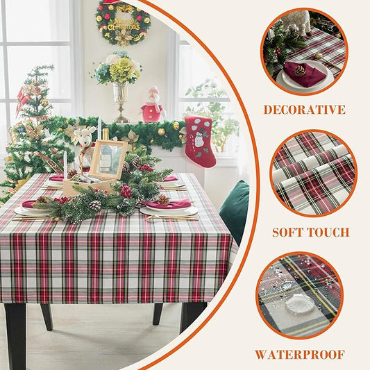 Christmas White Plaid Waterproof Tablecloth – Classic Woven Check Design – Holiday Dining Table Cover for Xmas Parties, Stain-Resistant & Durable, W52 x L70 in