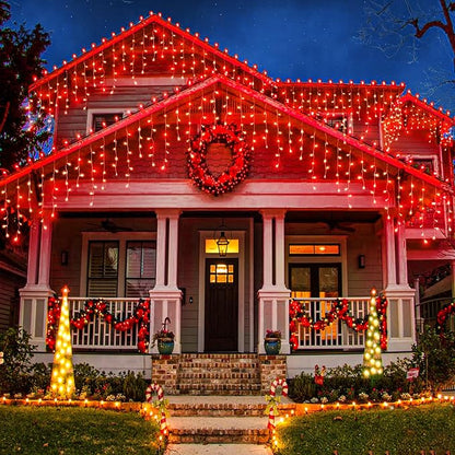 33ft Icicle Lights for Outside, Red Christmas Lights Outdoor Waterproof for House, 400 LED Twinkle Tree Lights with 75 Drops Clear Wire Short Curtain Light for Room Home Wall Indoor Decorations