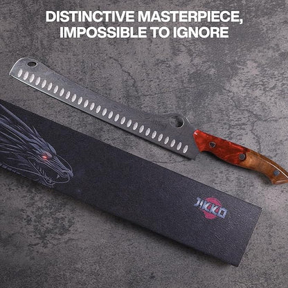 Jikko® SteelFang Edition – Japanese Brisket Knife 12" with Olive Wood & Red Epoxy Handle | Premium Butcher & Carving Knife for Meat, BBQ, and Brisket Slicing – Ultra Sharp Stainless Steel Blade