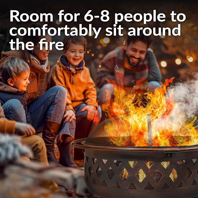 Sunnydaze Crossweave Outdoor Fire Pit - Wood-Burning Fire Pit for Outside with Spark Screen, Poker and Round Cover - 36-Inch - Bronze
