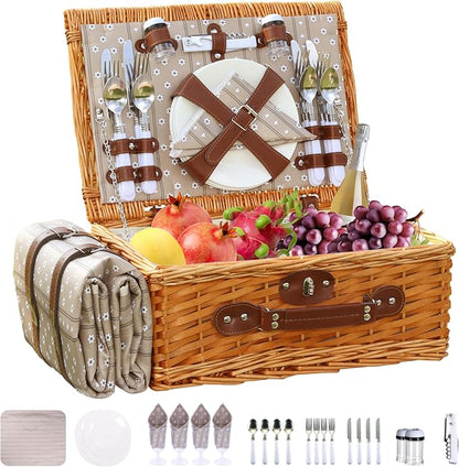 Wicker Picnic Basket Set for 4, Blanket, Cooler Bag, Brown Floral | Four-Person Wicker Set Includes Tableware, Insulated Food Storage and Waterproof Blanket for Parks, Camping, Dates and Gifts