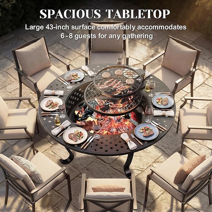Outdoor Fire Pit, 43" Fire Pit for Outside Wood Burning with Adjustable 2 Grills, Firepit with Lid and Fire Poker, BBQ, Bonfire, Round Outdoor Fireplace 3 in 1 for Patio, Backyard, Garden, Camping