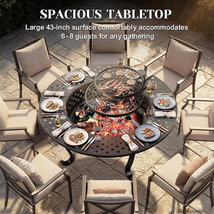 Outdoor Fire Pit, 43" Fire Pit for Outside Wood Burning with Adjustable 2 Grills, Firepit with Lid and Fire Poker, BBQ, Bonfire, Round Outdoor Fireplace 3 in 1 for Patio, Backyard, Garden, Camping