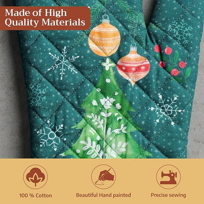 Maison d' Hermine Oven Gloves 100% Cotton Oven Mitt 7" x 13" with Loop Heat Resistant BBQ Cooking Gloves for Thanksgiving Christmas Decorations Baking Handling Hot Pans (Pack of 1, Hygge Christmas)
