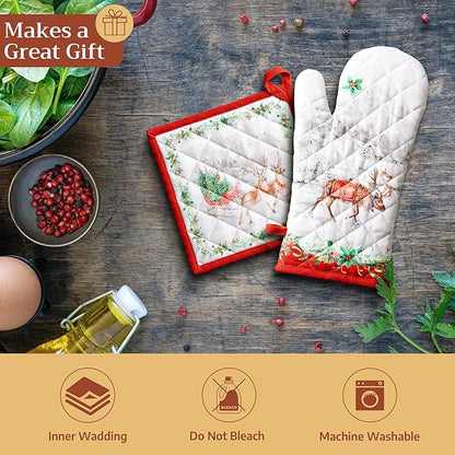 Maison d' Hermine Oven Gloves 100% Cotton Oven Mitt 7" x 13" with Loop Heat Resistant Cooking Gloves for Thanksgiving Christmas Decorations Baking Handling Hot Pans (Pack of 1, Christmas Tradition)