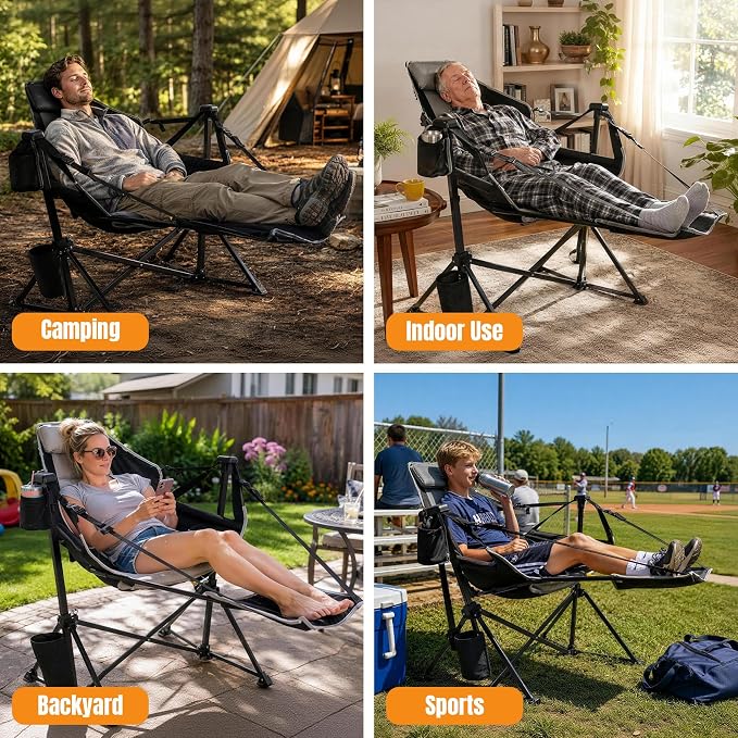 HOPERAN Hammock Camping Chair with Footrest 400lb Swing Chair, Black 2 Pack | 31.5" Wide Seat, 90°-130° Recliner, Stable Frame, 600D Fabric, Carry Bag, Cup Holder, Storage Pocket, for Beach Patio Sports