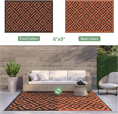 GENIMO Outdoor Rug, Waterproof Plastic Rugs for Patio, 6'x9' Black Orange | Outside Larger Modern Carpet Mat for Porch Decor, Deck, Balcony, Camping, RV, Backyard, Picnic, Beach, Reversible, Foldable