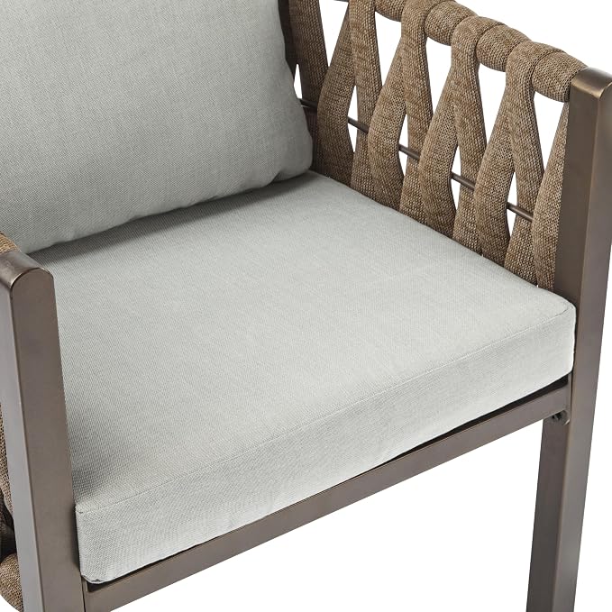 Christopher Knight Home Lena Patio Club Chairs Set of 2, Metal Accent Chairs, Rope Woven Backrest Armchair, Upholstered Cushions Seating, Tub Back Design for Backyard Garden, Brown+Light Gray