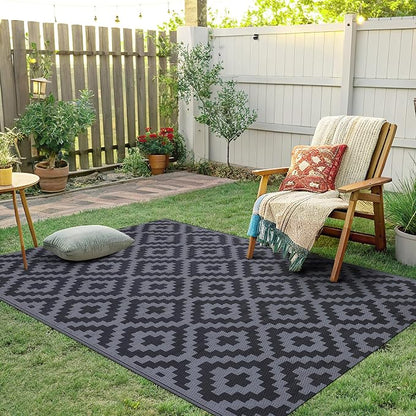 Smiry Outdoor Rug 4x6 ft Waterproof Reversible Boho Mat, Black & Grey | Polypropylene Plastic Straw, Quick Drying, Lightweight Foldable, for Patio, Deck, RV Camping, Backyard and Indoor Outdoor Use