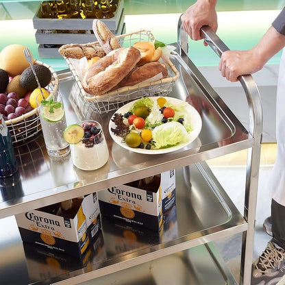 Stainless Steel Serving Trolley, 38" L x 20" W x 37" H 3 Tiered Shelf Kitchen Utility Cart, Rolling Casters Brake Wheel, Commercial Pro for Restaurant/Hotel/Lab/Clinic/Salon/Workshop