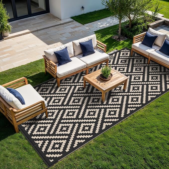 GENIMO Outdoor Rug, Waterproof Plastic Rugs 9'x18' for Camping Black Beige | Outside Larger Modern Carpet Mat for Patio Decor, RV, Porch, Camper, Deck, Picnic, Beach, Backyard, Reversible, Foldable