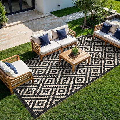 GENIMO Outdoor Rug, Waterproof Plastic Rugs 9'x18' for Camping Black Beige | Outside Larger Modern Carpet Mat for Patio Decor, RV, Porch, Camper, Deck, Picnic, Beach, Backyard, Reversible, Foldable