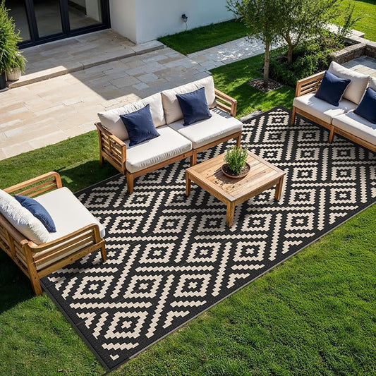 GENIMO Outdoor Rug, Waterproof Plastic Rugs 9'x18' for Camping Black Beige | Outside Larger Modern Carpet Mat for Patio Decor, RV, Porch, Camper, Deck, Picnic, Beach, Backyard, Reversible, Foldable