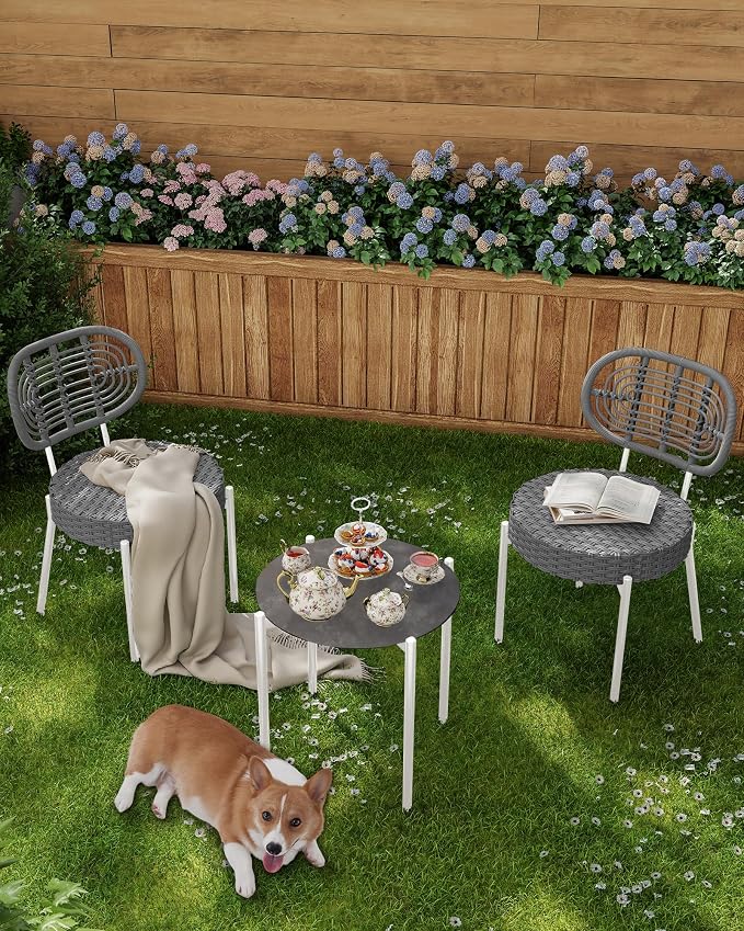 GarveeLife 3 Piece Wicker Patio Bistro Furniture Set, Outdoor Dining Chairs, Includes 2 Rattan Chairs and Tempered Glass Table, for Garden, Backyard, Balcony, Apartment, White & Grey