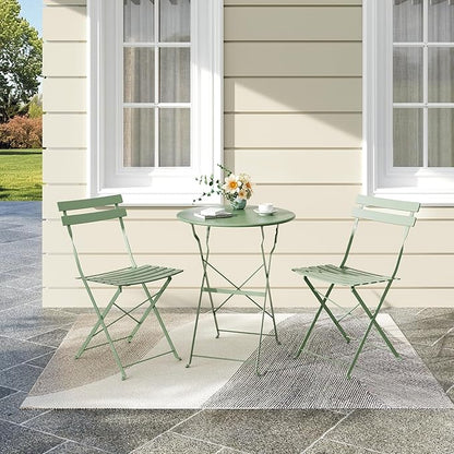 Bistro Table and Chairs Set of 2, 3 Piece Outdoor/Indoor Folding Patio Bistro Sets, 2 Chair Patio Furniture Set with Table, Premium Frame Foldable Coffee Tables for Balcony, Yard, Garden, Green