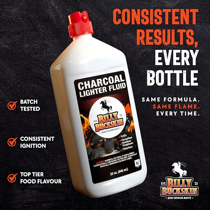 Charcoal Lighter Fluid (1 Quart) - 2 Pack Clean Burning, Low Odor & Fast Lighting Lighter Fuel - Perfect Fire Starter Fluid for Outdoor BBQ, Grilling, Camping, Charcoal & Wood Fires by Billy Buckskin