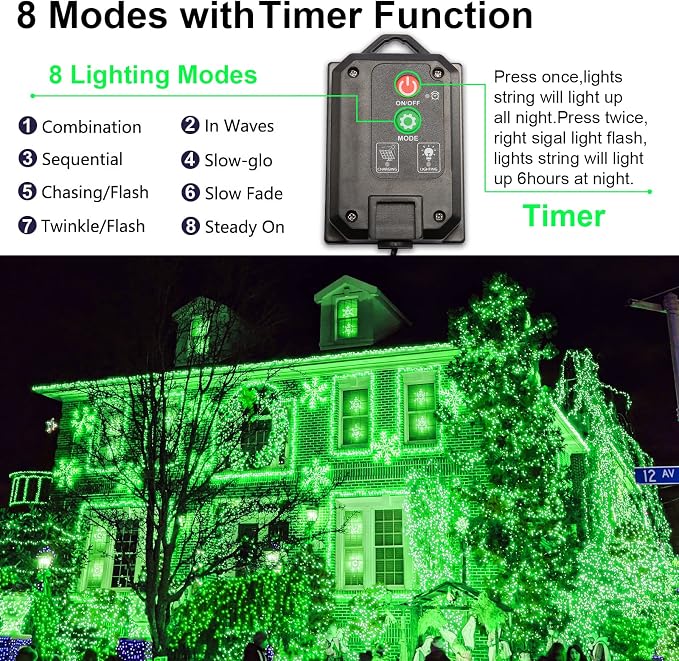 Solar Christmas String Lights, Green 200Led, Outdoor Waterproof | 2 Pack Total 400Led 144Ft 8 Mode, IP44 Outside Halloween Fairy Lights for Tree, Garden, Patio, Lawn, Party, Yard Decorations