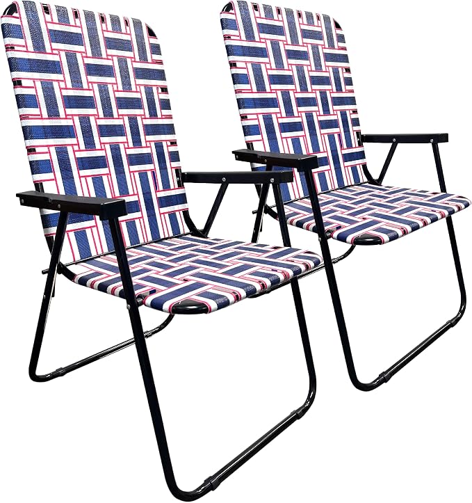 Lawn Chair Folding Steel Webbing Chaise Patio Lounger Seat Wood Handles Great for Camping, Beach, Fishing, Backyard, Stadium, Pool, Boating, and Sports 2 Pack Blue/Red