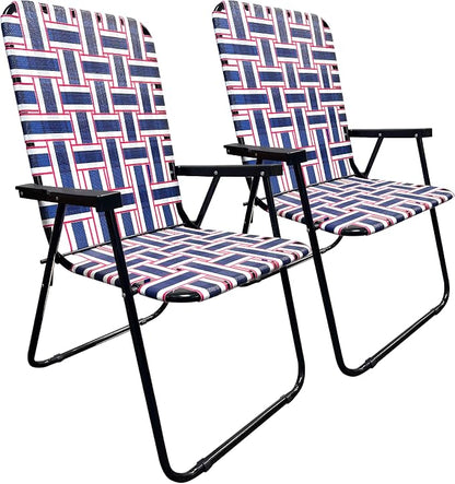 Lawn Chair Folding Steel Webbing Chaise Patio Lounger Seat Wood Handles Great for Camping, Beach, Fishing, Backyard, Stadium, Pool, Boating, and Sports 2 Pack Blue/Red