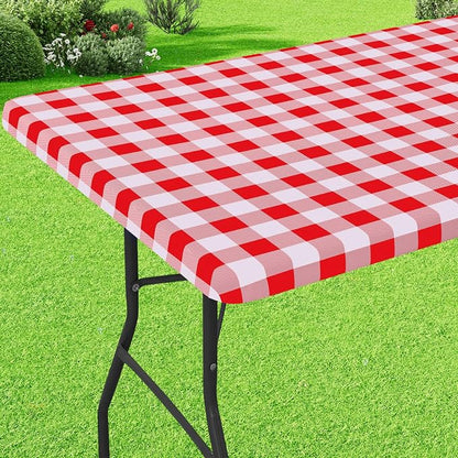 Buffalo Rectangle Picnic Tablecloth, 4 Foot Elastic Fitted Vinyl Table Cloth with Flannel Backing, Waterproof Plaid Table Covers for Dining, Camping, Outdoor (Red and White, 24" x 48")