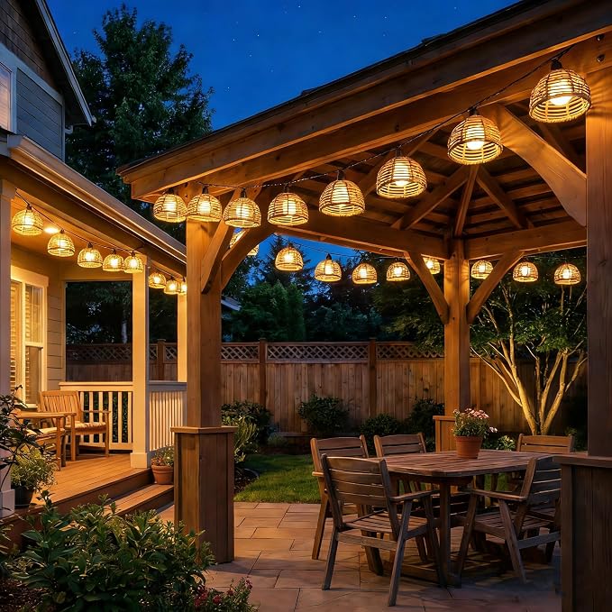 Solar Rattan String Lights Outdoor, 16FT 16 LED Half-Globe Hemisphere Wicker Lanterns, IP65 Waterproof Solar Powered Patio Lights, Boho Decorative Hanging Lighting for Garden Porch Wedding
