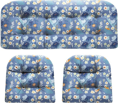 DANGHOOGY Wicker Chair Cushions, Waterproof Outdoor Loveseat Cushions for Patio Furniture, Tufted Wicker Furniture Cushions, 1 Loveseat and 2 U-Shaped Cushions (Blue Floral)