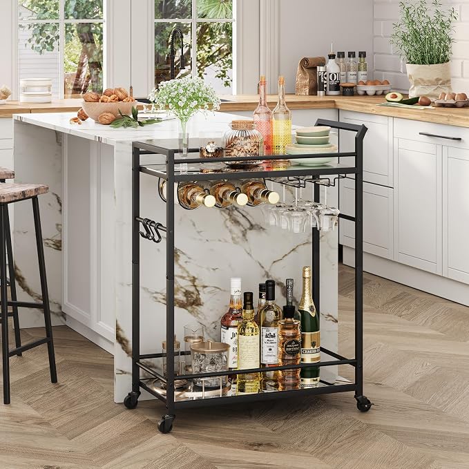 3 Tier Bar Cart, Small Beverage Cart, Mini Bar Cart with Wine Rack, Home Bar Serving Cart with Wheels for Kitchen Dining Living Room (Black, Mirrored) GBC106BU