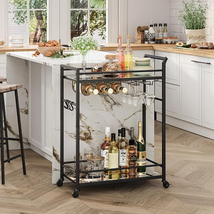 3 Tier Bar Cart, Small Beverage Cart, Mini Bar Cart with Wine Rack, Home Bar Serving Cart with Wheels for Kitchen Dining Living Room (Black, Mirrored) GBC106BU