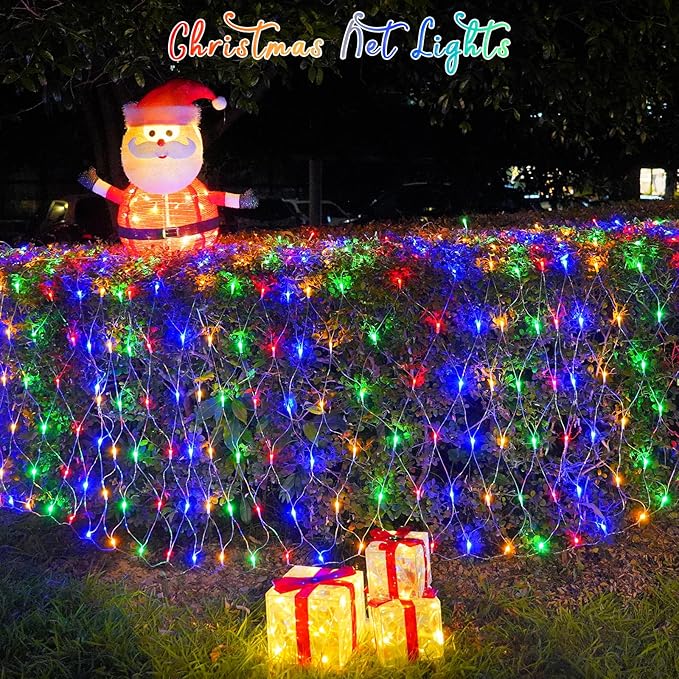 QITONG Net Lights Outdoor Mesh Lights, 12ft x 5ft 360 LED Multicolor Christmas Light with 8 Modes, Connectable Clear Wire Bush Light Plug in