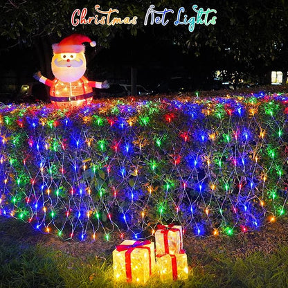 QITONG Net Lights Outdoor Mesh Lights, 12ft x 5ft 360 LED Multicolor Christmas Light with 8 Modes, Connectable Clear Wire Bush Light Plug in