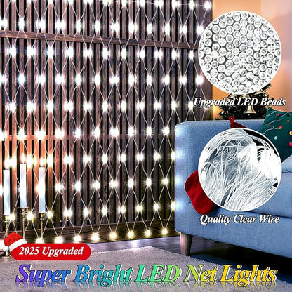 6.6ft x 6.6ft Christmas Net Lights, 160LED Gazebo Mesh Lights Outdoor 8 Modes Timer, Waterproof Connectable String Lights Clear Wire for Bushes Patio Pergolas Garden Holiday Party - Cool White