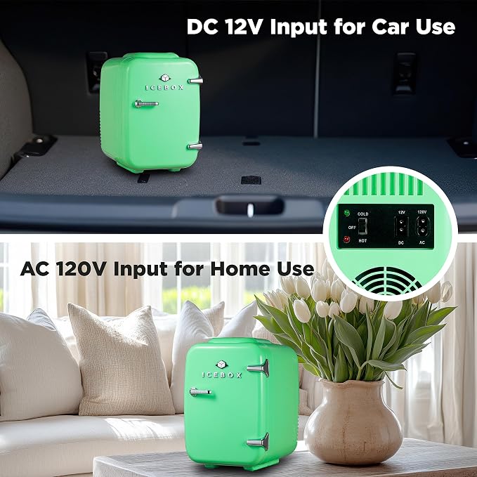 IceBox 4-Liter Mini Fridge Cooler/Warmer, IBMF4MNT, Mint Green | Portable Refrigerator Holds 6 Cans, Compact for Skincare, Beverages and Food, Includes 120V AC and 12V Car Adapters