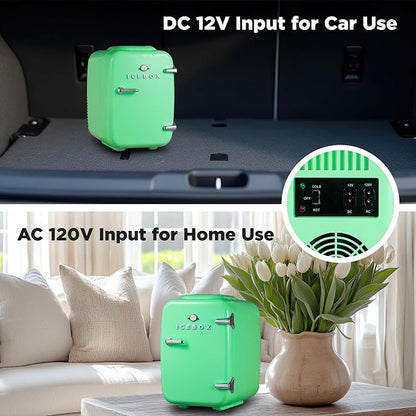 IceBox 4-Liter Mini Fridge Cooler/Warmer, IBMF4MNT, Mint Green | Portable Refrigerator Holds 6 Cans, Compact for Skincare, Beverages and Food, Includes 120V AC and 12V Car Adapters