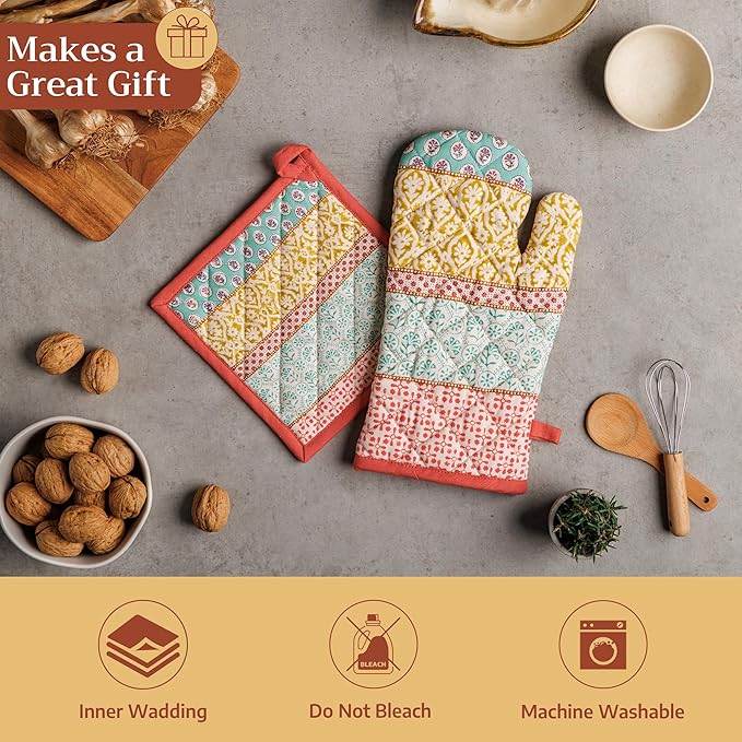 Maison d' Hermine Pot Holders 100% Cotton Heat Resistant Potholders 8" x 8" Hot Pads with Loop BBQ Cooking Baking Hotel Farmhouse Kitchen Handling Hot Pans Spring Summer (Pack of 2, Provence)