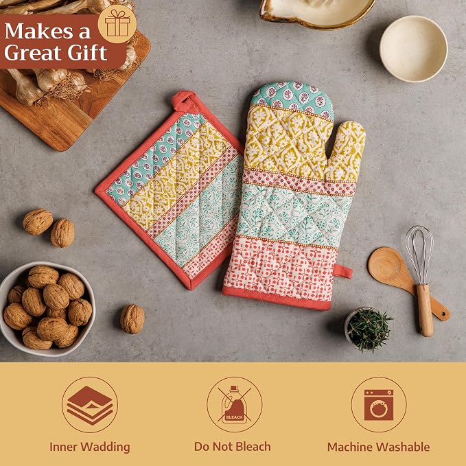 Maison d' Hermine 100% Cotton Oven Mitt & Pot Holder Set (7.5"x13" & 8"x8") | Heat Resistant BBQ Cooking Gloves with Loop Baking Grilling Kitchen Hotel Home Farmhouse Spring Summer - Provence