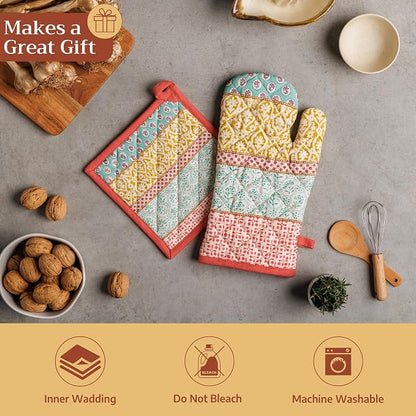 Maison d' Hermine 100% Cotton Oven Mitt & Pot Holder Set (7.5"x13" & 8"x8") | Heat Resistant BBQ Cooking Gloves with Loop Baking Grilling Kitchen Hotel Home Farmhouse Spring Summer - Provence