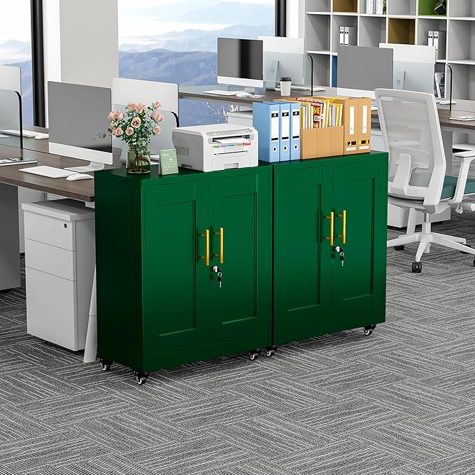 GAIOUS Metal Storage Cabinet with Lock and Wheels, Steel Tool Cabinet with 2 Door and 2 Adjustable Shelves, 35” Tall Lockable File Cabinet, Garage Cabinet, Rolling Cabinet for Home Office - Green