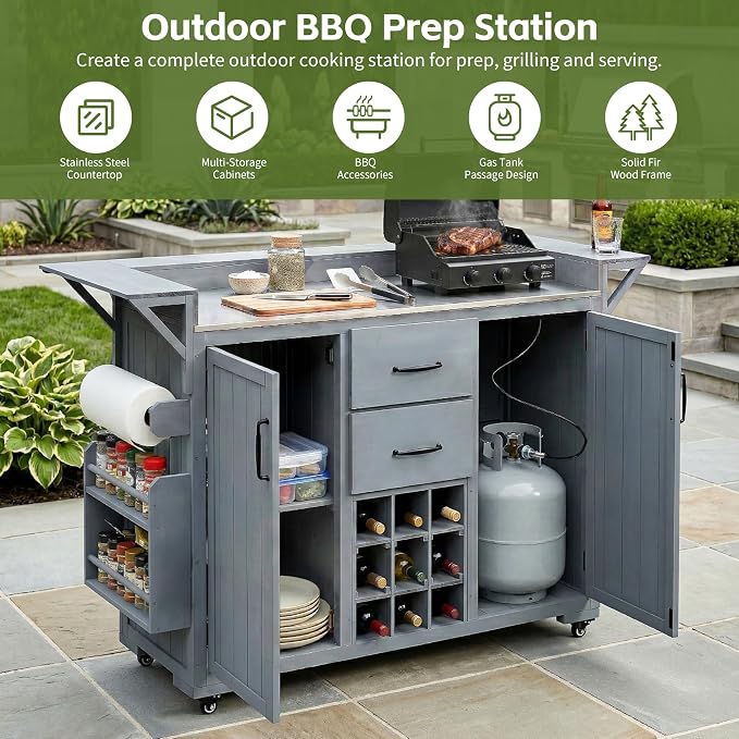 60.2''W Outdoor Kitchen Island with Wheels, Solid Fir Wood Kitchen Cart Grill Cart with Stainless Steel Top, Spice Rack, Wine Rack, 2 Bottom Cabinets with Adjustable Shelves, 2 Drawers (Gray-117)