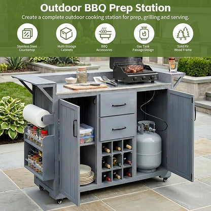 60.2''W Outdoor Kitchen Island with Wheels, Solid Fir Wood Kitchen Cart Grill Cart with Stainless Steel Top, Spice Rack, Wine Rack, 2 Bottom Cabinets with Adjustable Shelves, 2 Drawers (Gray-117)