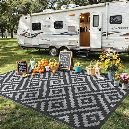 GENIMO Outdoor Rug, Waterproof Plastic Rugs for Patio, 6'x9' Black Grey | Outside Larger Modern Carpet Mat for Porch Decor, Deck, Balcony, Camping, RV, Backyard, Picnic, Beach, Reversible, Foldable