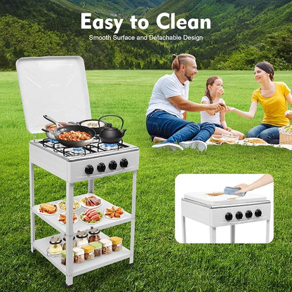 Propane Gas Powered Stove, 4 Propane Burners Outdoor Stove with 4 Control Knobs for Cooking, Portable Freestanding Camping Stove for Stir-fry, Camping, Fishing, Travel