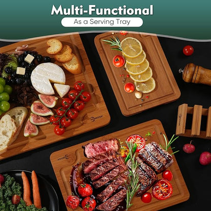 Wood Cutting Board Carbonized Bamboo Set With Smooth Surface Set 4 Packs with Non Slip Feet Holder and Over Sink Solid Thick Durable Wood Charcuterie Cheese Serving Tray Kitchen Gadgets (Carbonized)