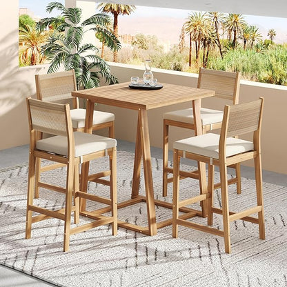 Christopher Knight Home Barron 5-Piece Acacia Wood Patio Bar Set, Patio Bar Table and Stools Set, Soft Seat Cushions, Rattan/Wicker Dining Set for Garden, Backyard, Poolside, Balcony, Teak + Beige